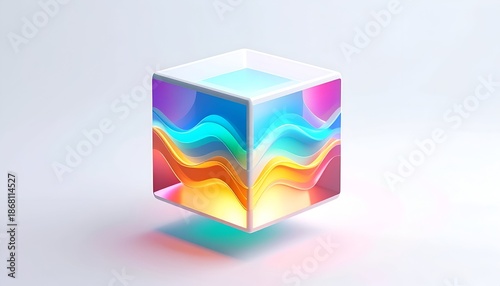 Transparent cube with colorful flowing design inside, on a white gradient