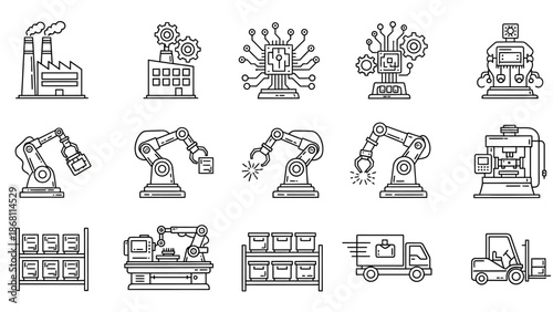 Industrial robotic arms and machinery icons in a factory setting illustrations