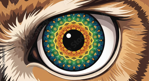 Hyper Realistic Eye Macro Shot with Golden Fractal Mandala Pattern Iris