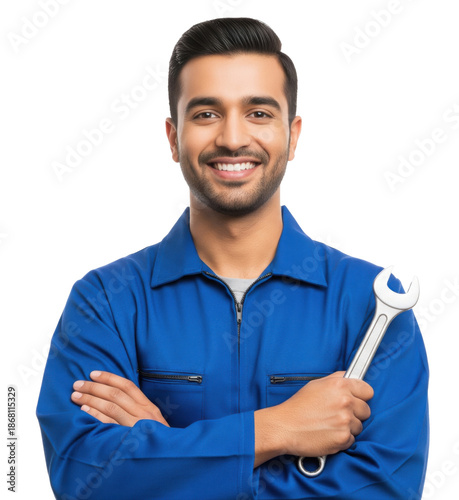 Young male mechanic in a blue uniform stands with arms crossed while holding a large wrench against a white background