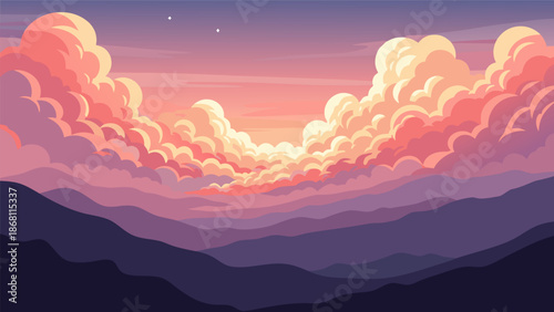 Dreamy Pastel Clouds at Sunset A Serene Vector Illustration of a Breathtaking Mountain Landscape with Soft Hues and Gentle Light, Perfect for Digital Art and Design Projects