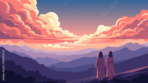 Serene Mountain Landscape Vector Illustration of Two Figures Admiring a Vibrant Sunset Over Calm Water