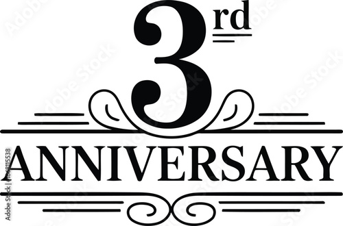 Elegant black and white graphic marking a special third anniversary celebration with decorative flourishes