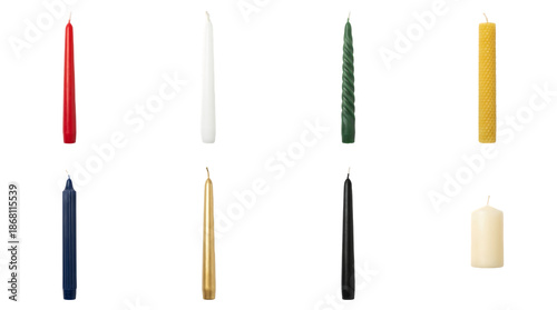 Assorted candle set including taper, spiral, ribbed, honeycomb, and pillar styles isolated. Decorative home fragrance and interior lighting collection.
