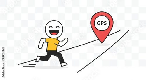 Happy Man Character Running Towards a Large GPS Location Pin, Sports and Travel App Concept