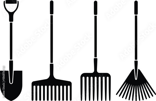 Set of essential black silhouette gardening instruments, showcasing a spade, a lawn rake, and a fan rake