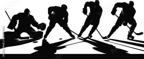 Striking silhouettes of four ice hockey players, including a goaltender, in various powerful game positions