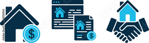 Three blue icons represent real estate transactions, including house finance, online property listings, and deals