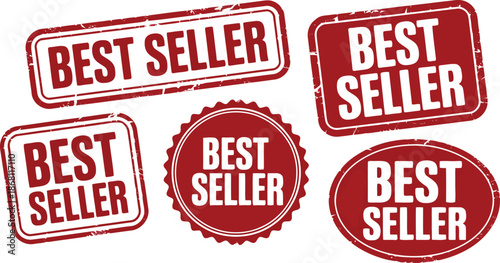 Various red best seller quality seal stamps in different shapes with textured edges on white