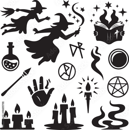Black silhouette witchcraft magic symbols on white background