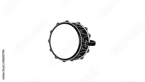 A detailed illustration of a tambourine with metal jingles a white white with instrument and music and graphic Silhouette vector on whit Background
