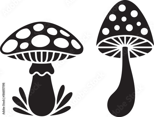 black silhouette of two mushrooms with spots on caps and stems