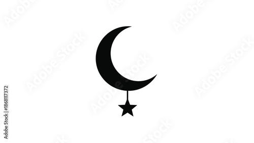 A black crescent moon with a star hanging from it a white white with icon and graphic and illustration and clipart Silhouette vector on whit Background