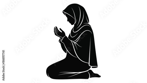 A woman wearing a headscarf kneeling in prayer with hands raised in a black white with islam and muslim Silhouette vector on whit Background