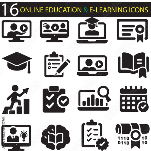 Online Education and E-Learning Solid Icon Set