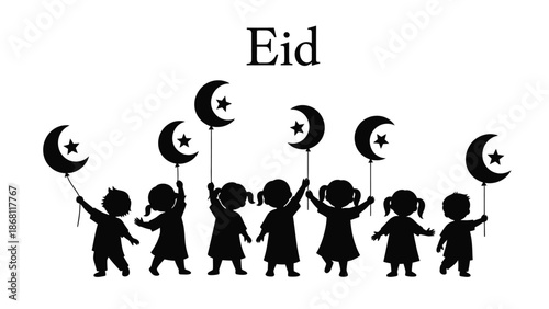 of children holding crescent moon and star flags white eid celebration white with Islamic and festival and joy Silhouette vector on whit Background