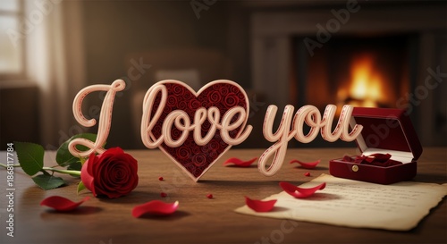 I Love You Heart with Red Rose, Ring Box, and Fireplace - Romantic Valentine's Day Scene