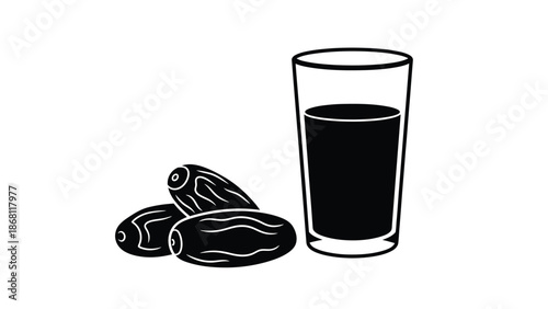 Black illustration of three olives with a glass of dark liquid a white white with beverage and food and healthy Silhouette vector on whit Background