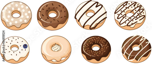 Sweet Donut Vector Set with Chocolate Glaze Sprinkles and Icing Cute Bakery Dessert Illustration