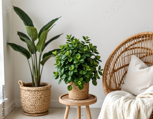 Serene Indoor Oasis with Lush Plants and Wicker Elegance