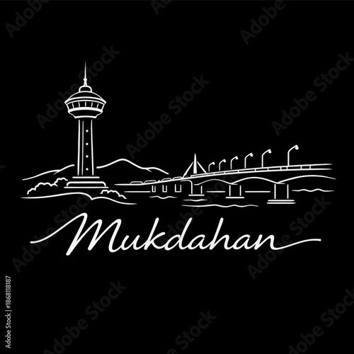 Mukdahan city landmarks with tower and bridge vector illustration