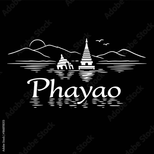 Phayao landmark with temple and lake minimalist vector illustration