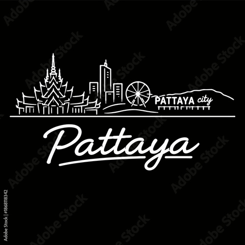 Pattaya city skyline and landmarks line art vector illustration