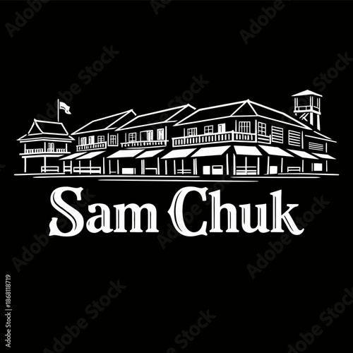 Sam Chuk Old Market Thailand landmark vector illustration