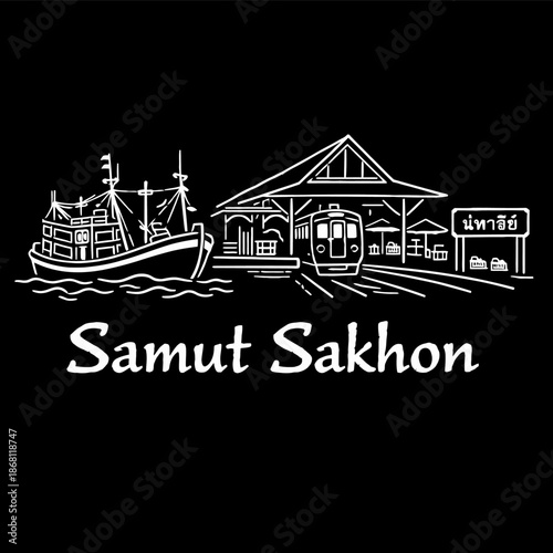 Samut Sakhon Thailand landmarks and transportation vector illustration