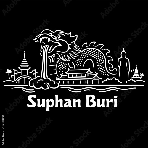 Suphan Buri city landmarks and dragon museum vector illustration