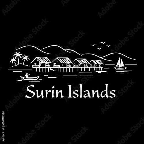Surin Islands tropical resort with bungalows and boats vector illustration