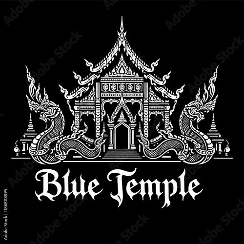 Thai Blue Temple with Naga serpents vector illustration