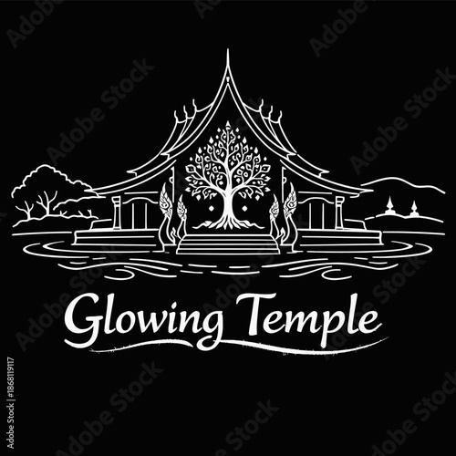 Traditional Thai temple with glowing tree minimalist vector illustration
