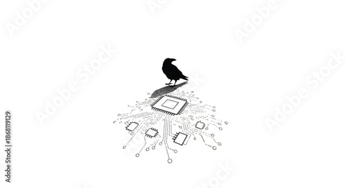 Raven Silhouette Standing on Computer Processor with Digital Motherboard Lines