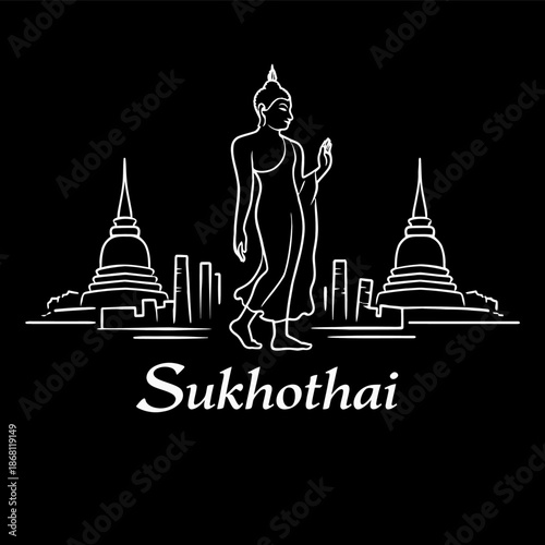 Walking Buddha statue and Sukhothai historical park vector illustration