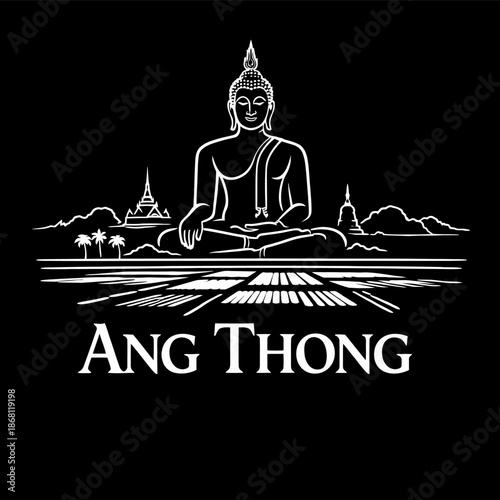 Ang Thong Great Buddha statue and landscape vector illustration