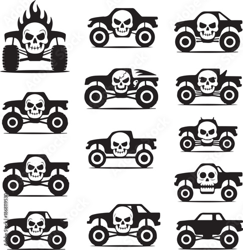 blackandwhite monster truck icons with skulls on white background