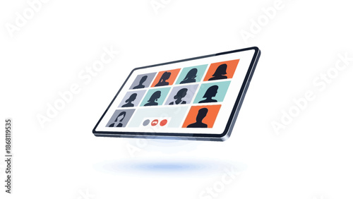Modern digital tablet showcasing a dynamic virtual meeting interface with multiple participant profiles, symbolizing remote team collaboration and online connectivity