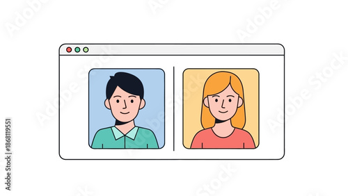Online video conference call featuring two diverse individuals connecting virtually through a browser window, depicting modern remote communication, teamwork, and digital interaction