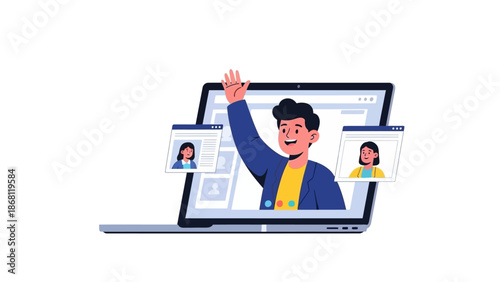 Engaging in Virtual Communication Happy Man Waving from Laptop Screen During an Online Video Conference Call, Connecting with Colleagues and Friends Remotely
