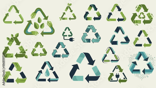 Diverse Collection of Recycling Symbols in Green and Blue Tones.