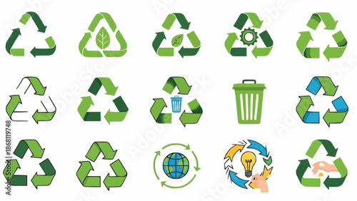 Collection of Green Recycling Symbols and Eco-Friendly Icons.