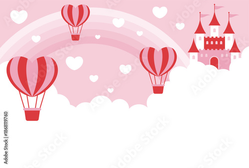 pink vector background with a fairy tale castle, heart hot air balloons and clouds in the sky for Valentine's Day, Wedding, etc.