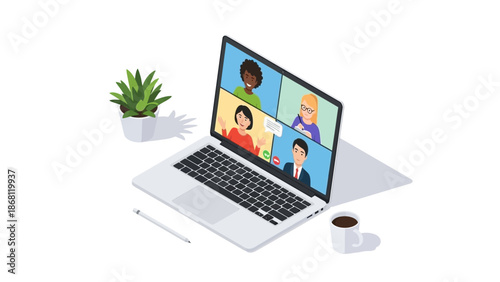 Professional online video conference call on a laptop, featuring a diverse team collaborating remotely for a virtual business meeting, embodying modern digital communication and teamwork