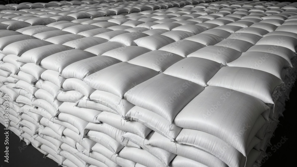 Fototapeta premium Stacked White Bags Pattern Warehouse Abundance.