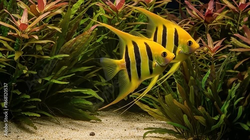 Two Yellow Angelfish With Black Stripes Swim Through Green Aquatic Plants In A Sandy Bottom Aquarium With Soft Lighting