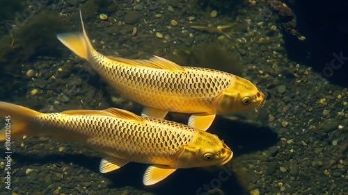 Two Golden Koi Carp Fish Swimming Gracefully Together in Sunlit Clear Pond Water Over Rocky Bottom with Ripples Reflecting Sunlight Natural Aquatic Life Wildlife Scene