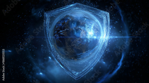 Futuristic shield protecting Earth symbolizing global cybersecurity, data protection, digital security, network defense, cloud safety and advanced technology for worldwide information security.