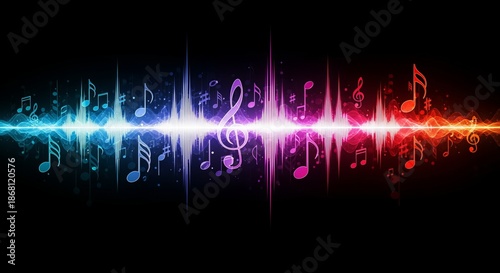 Vibrant music equalizer waveform with colorful notes and treble clef on black background