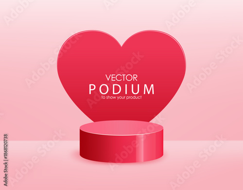 Red podium with heart on background in minimalist style. For Valentine’s Day promotions, romantic banners, product presentations, love-themed advertising, social media posts, e-commerce.
